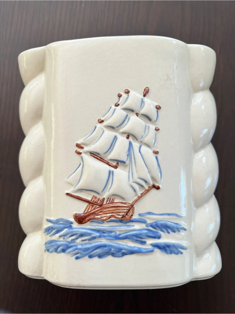 Abingdon Clipper Ship Pottery Vase with Sailboat - White with Blue Nautical